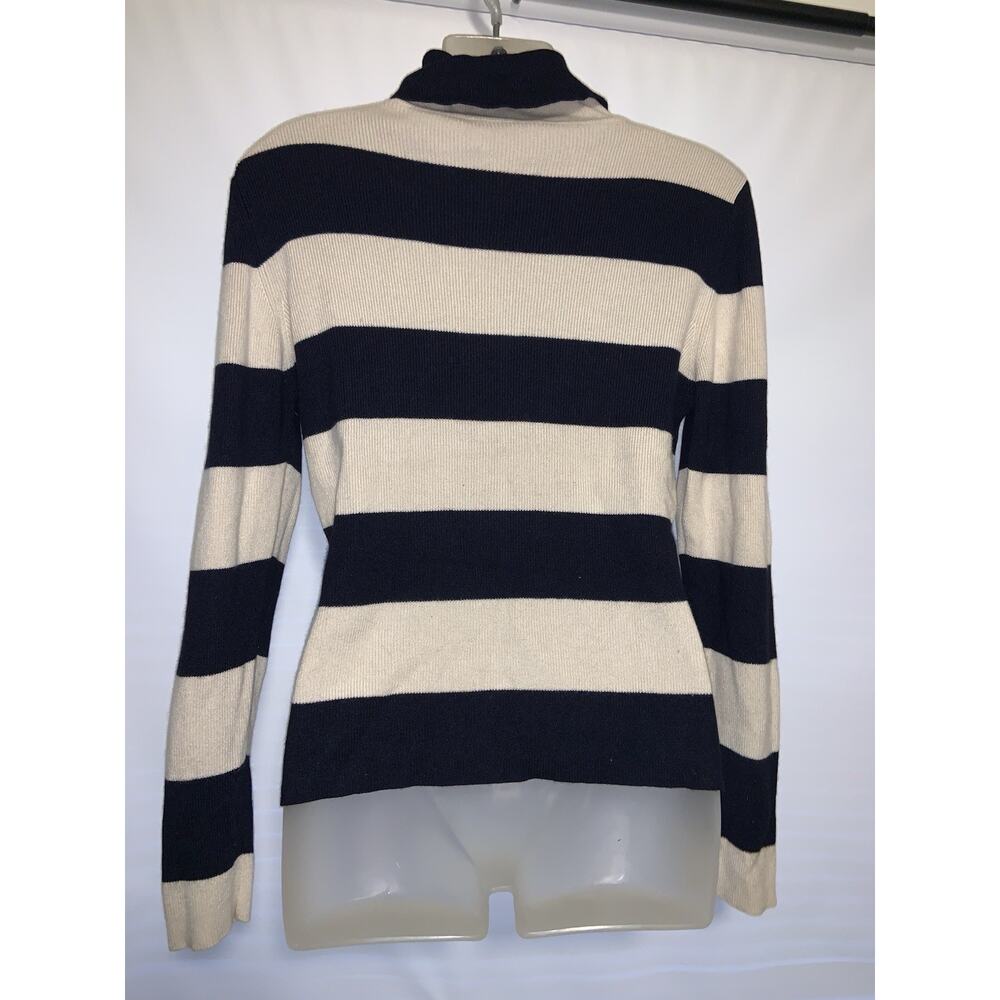 TSE Cashmere Long Sleeve Striped Turtleneck Sweater Ivory & Blue Size Large - Picture 2 of 5